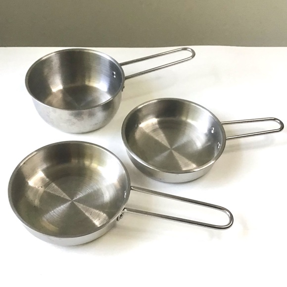 Pretend Play Stainless Steel Metal Pots Pans Kids Kitchen Cookware Toy 3 Pc Set - Picture 1 of 9
